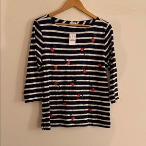 J. Crew Navy and White Striped Top with Red Embroidery